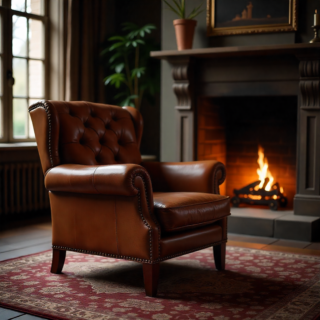 Handgemaakte fauteuil met lederen bekleding